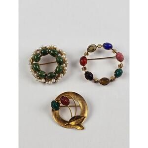 Vintage 12K & 14k Gold Filled Brooch Lot Scarab Beetles, Cattail, Jade & Pearl